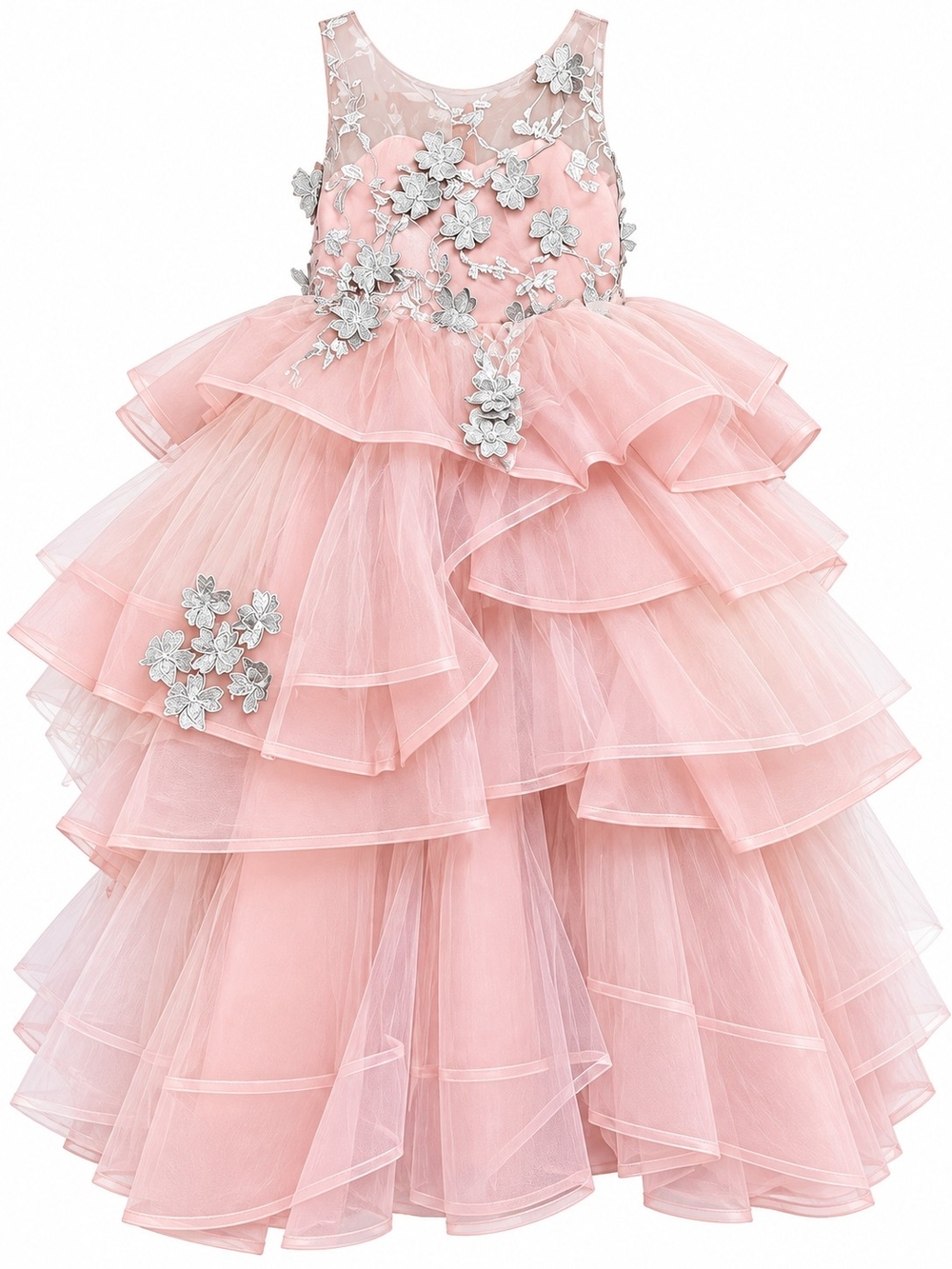 Girls' Pink Layered Tulle Party Dress with Silver Floral Appliqué